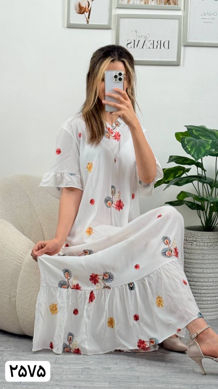 پیراهن نخی گلدوزی زنانه کد 417237